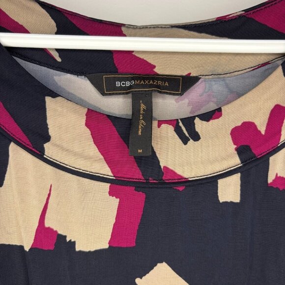 BCBGMAXAZRIA Dress Medium Tan Black Purple Midi Sleeveless Tie Waist Stretch - Picture 4 of 5